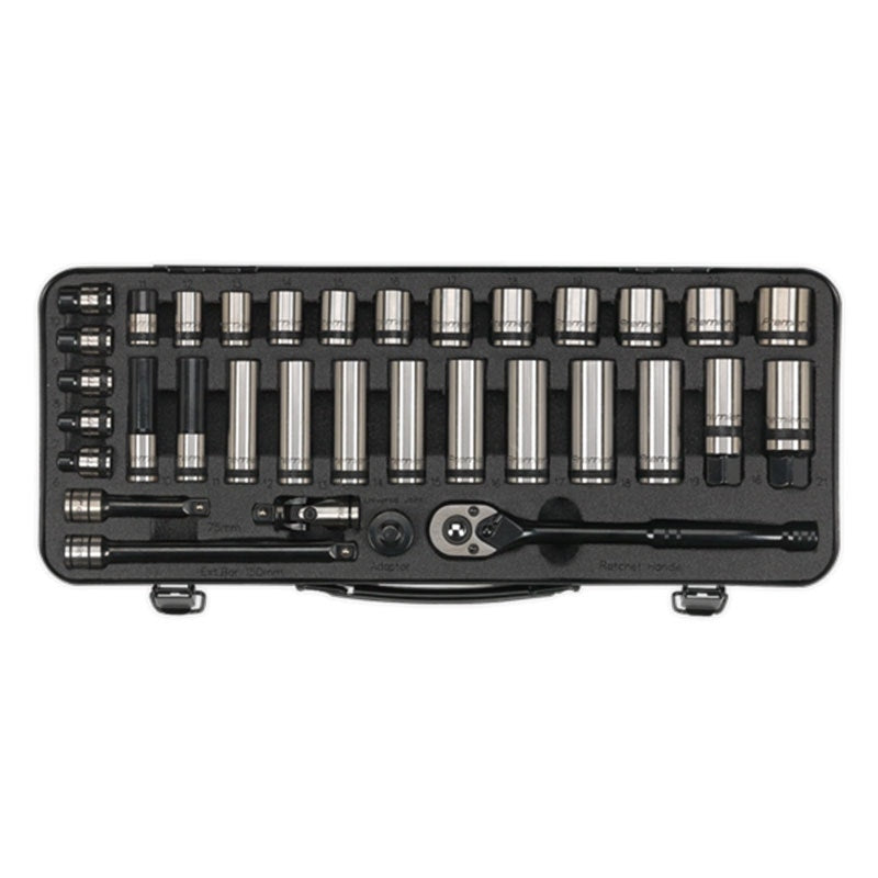 Sealey AK7971 Socket Set 34pc 3/8"Sq Drive 6pt Wall Drive Metric Black Series