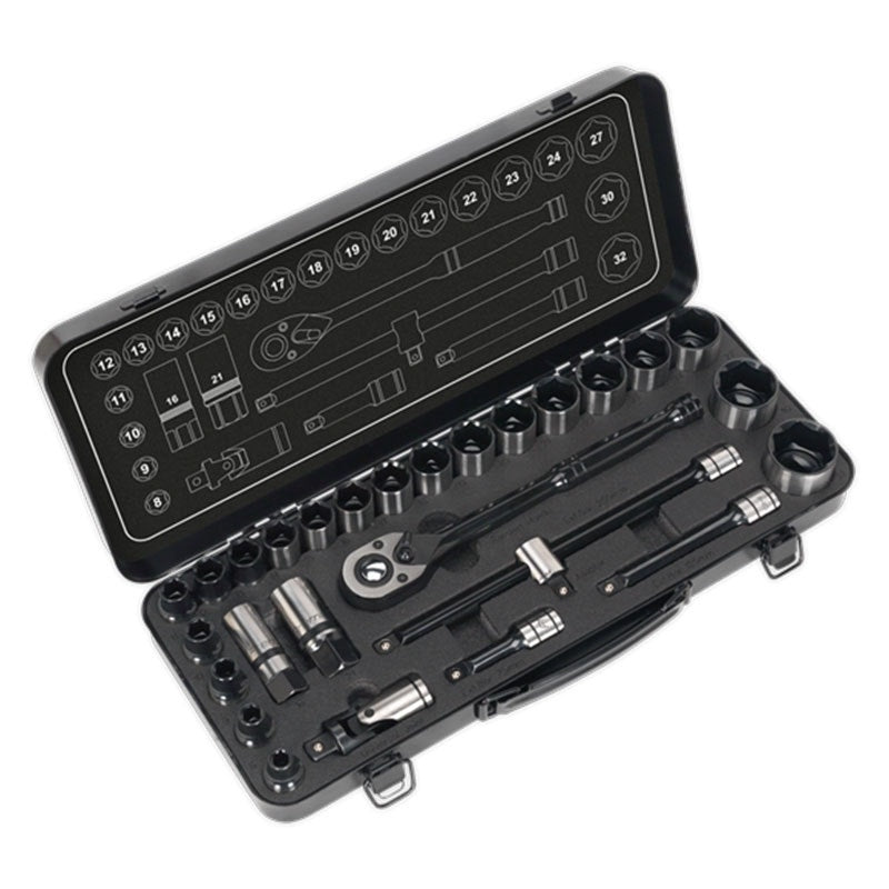 Sealey AK7972 Socket Set 28pc 1/2"Sq Drive 6pt WallDrive Metric Black Series