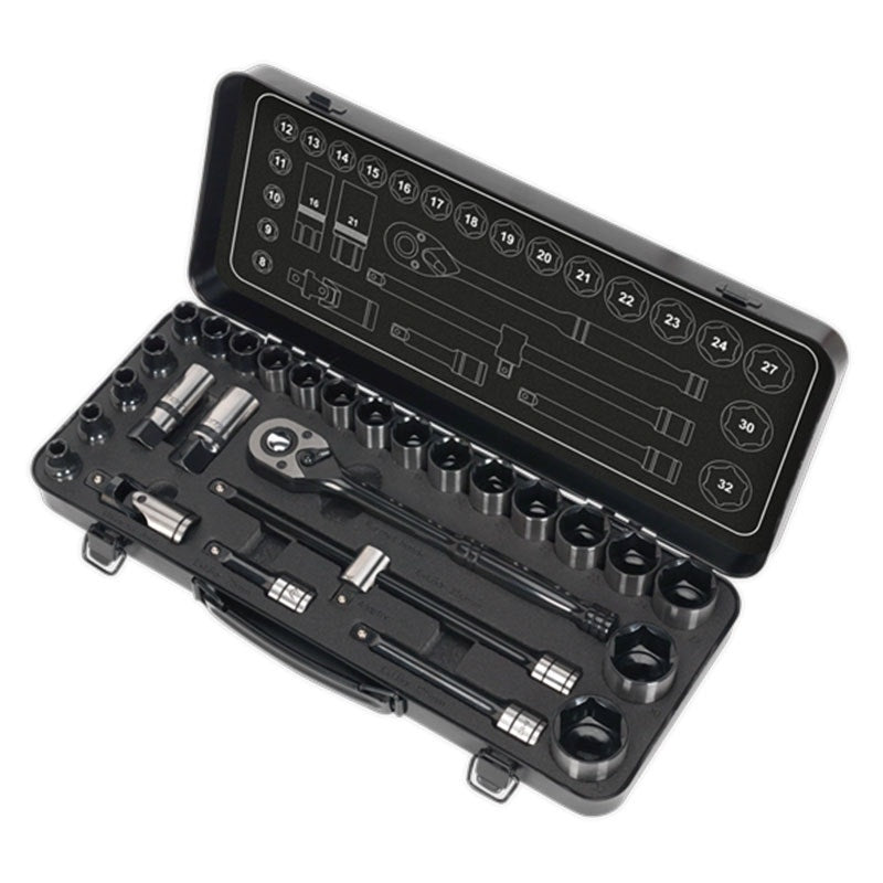Sealey AK7972 Socket Set 28pc 1/2"Sq Drive 6pt WallDrive Metric Black Series