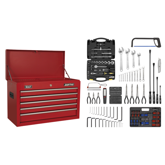 Sealey AP225COMBO Topchest 5 Drawer with Ball-Bearing Slides - Red & 230pc Tool Kit