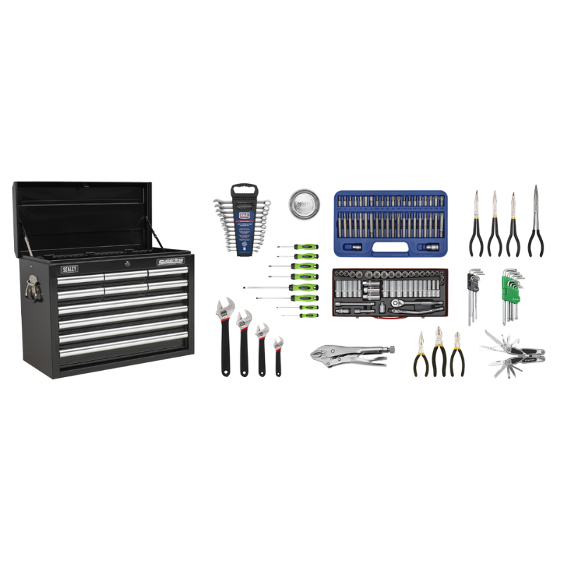Sealey AP33109BCOMBO Topchest 10 Drawer with Ball Bearing Slides - Black & 140pc Tool Kit