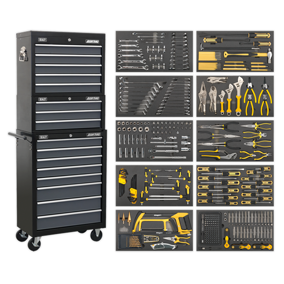 Sealey AP35TBCOMBO Tool Chest Combination 16 Drawer with Ball-Bearing Slides - Black/Grey & 398pc Tool Kit