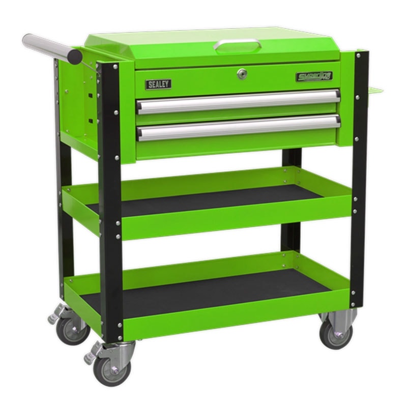 Sealey AP760MHV Heavy-Duty Mobile Tool & Parts Trolley 2 Drawers & Lockable Top - Hi-Vis Green
