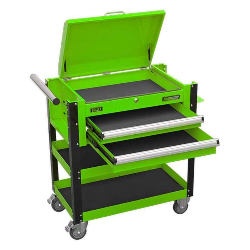 Sealey AP760MHV Heavy-Duty Mobile Tool & Parts Trolley 2 Drawers & Lockable Top - Hi-Vis Green