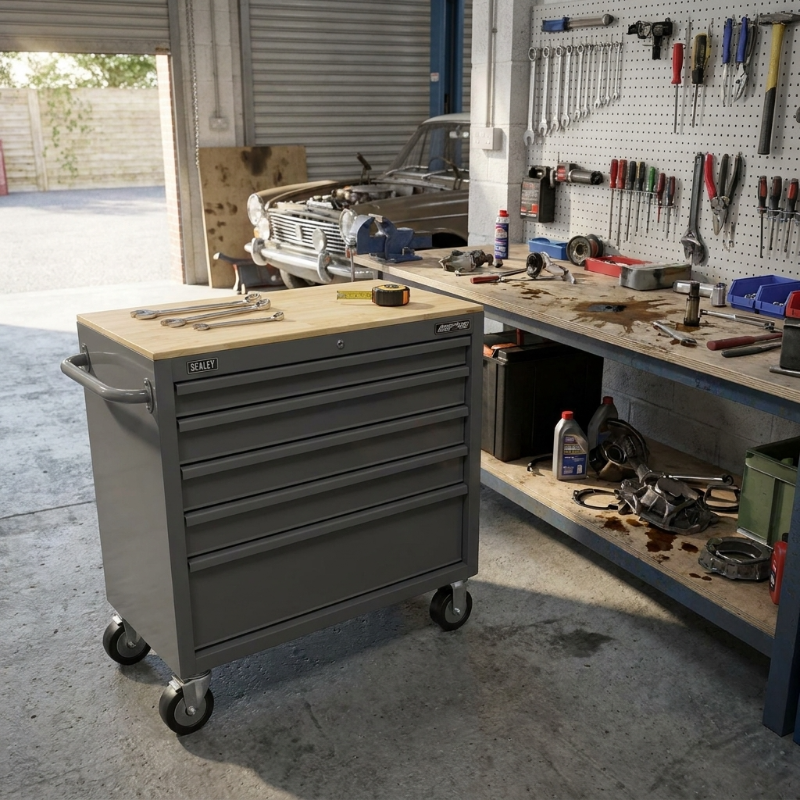 Sealey APMWS1G American PRO Mobile Workstation with Wooden Worktop 5 Drawer - Grey