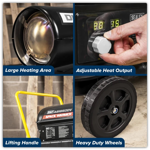 Sealey AB1850DV Dual Voltage Space Warmer® Kerosene/Diesel Heater with Wheels 185,000Btu/hr(55kW)