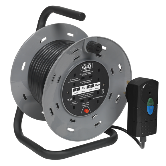 Sealey BCR25RCD 25m Cable Reel with Thermal Trip & RCD Plug 4 x 230V