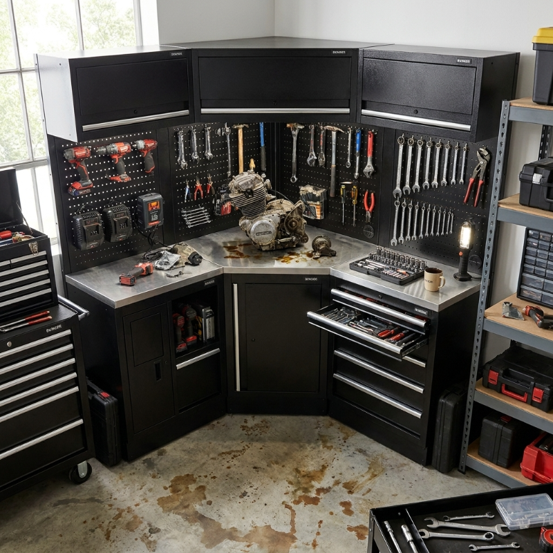 BUNKER 32521 18 Piece Modular Storage Corner Combo with Stainless Steel Worktop, 3454mm