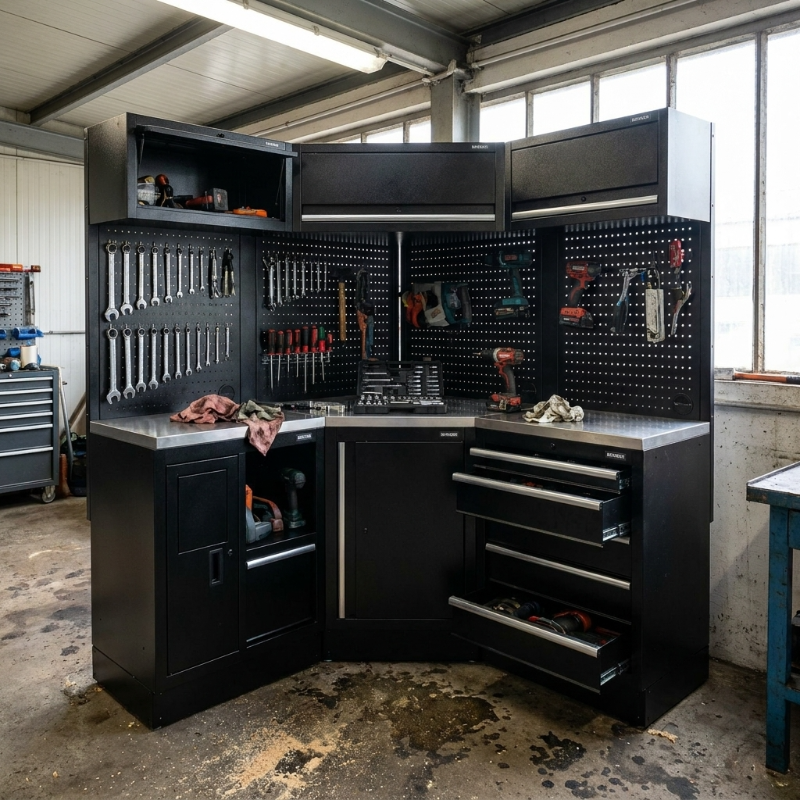 BUNKER 32521 18 Piece Modular Storage Corner Combo with Stainless Steel Worktop, 3454mm