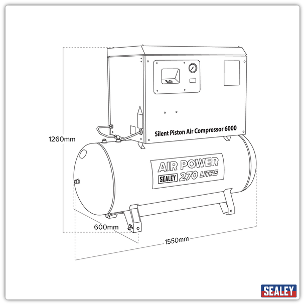 Sealey SAC42755BLN Air Compressor 270L Belt Drive 5.5hp 3ph 2-Stage with Cast Cylinders Low Noise
