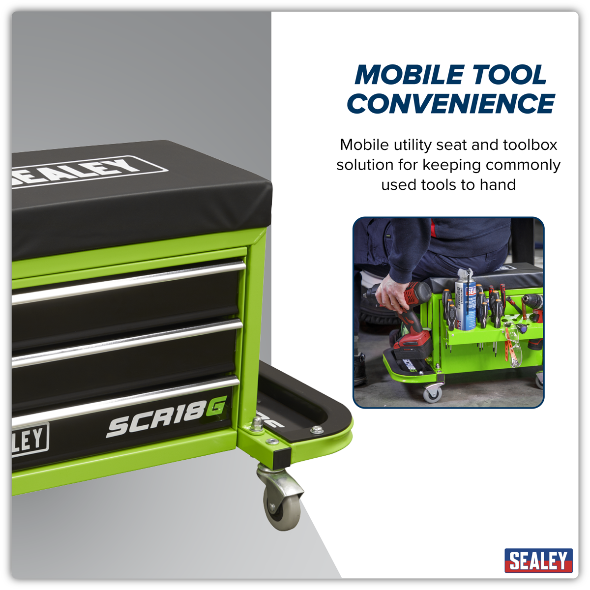Sealey SCR18G Mechanic's Utility Seat & Toolbox - Hi-Vis Green