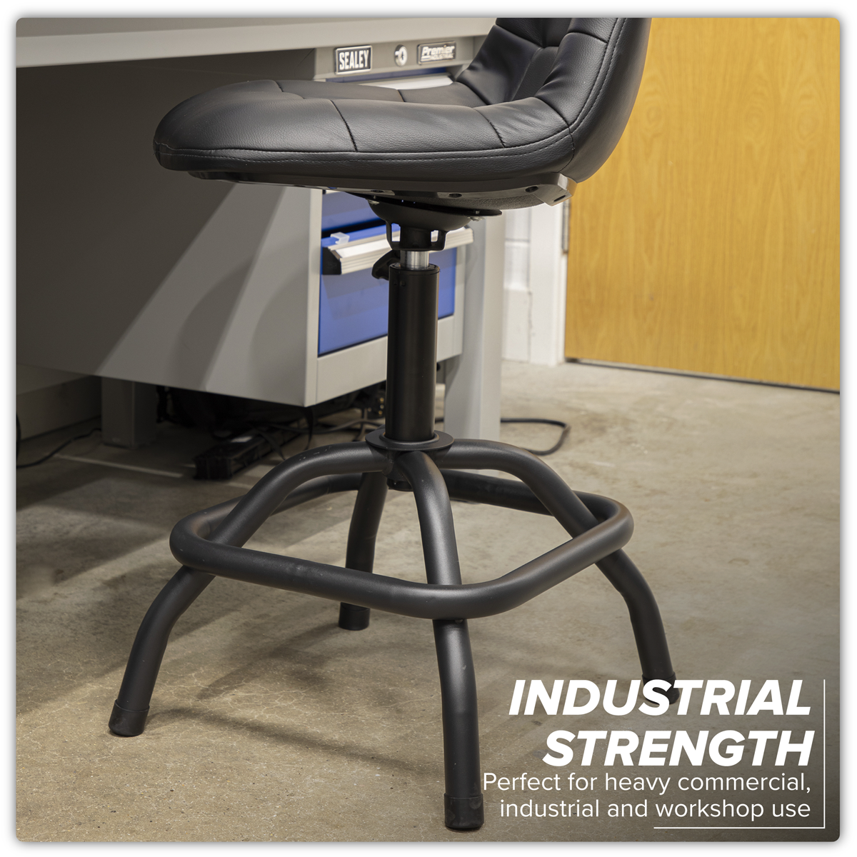 Sealey SCR01B Workshop Stool Pneumatic with Adjustable Height Swivel Seat & Back Rest