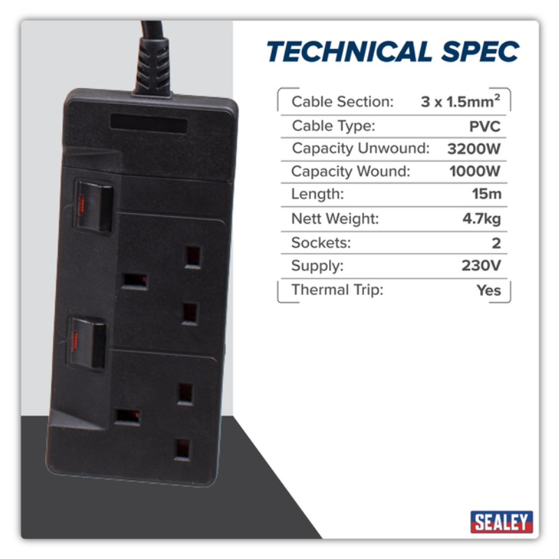 Sealey CRM15 Cable Reel System Retractable 15m 2 x 230V Socket
