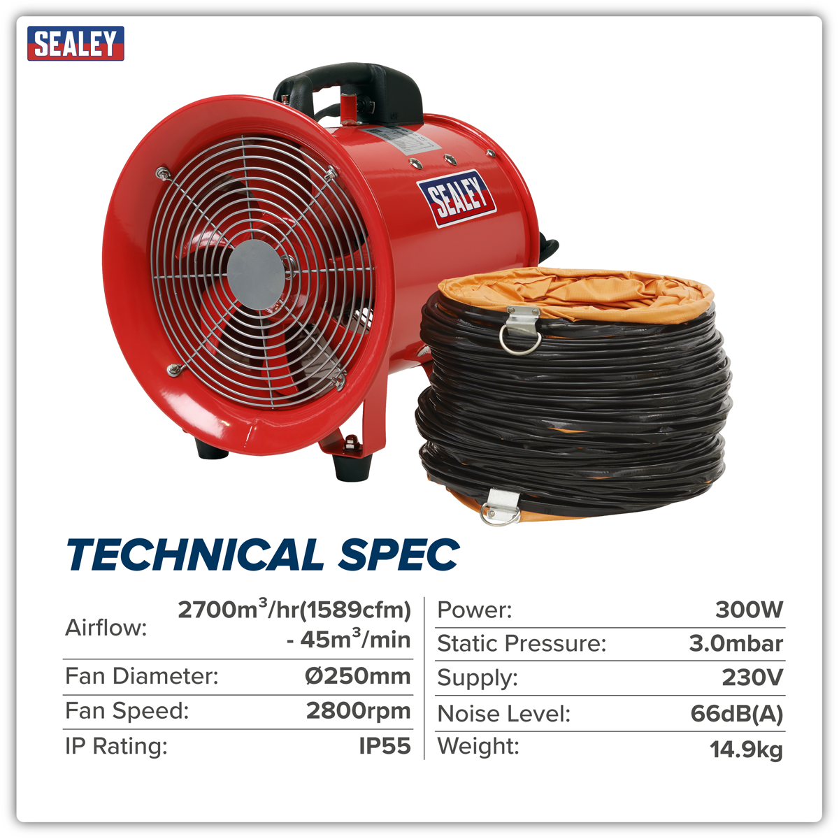 Sealey VEN250 Portable Ventilator 250mm with 5m Ducting