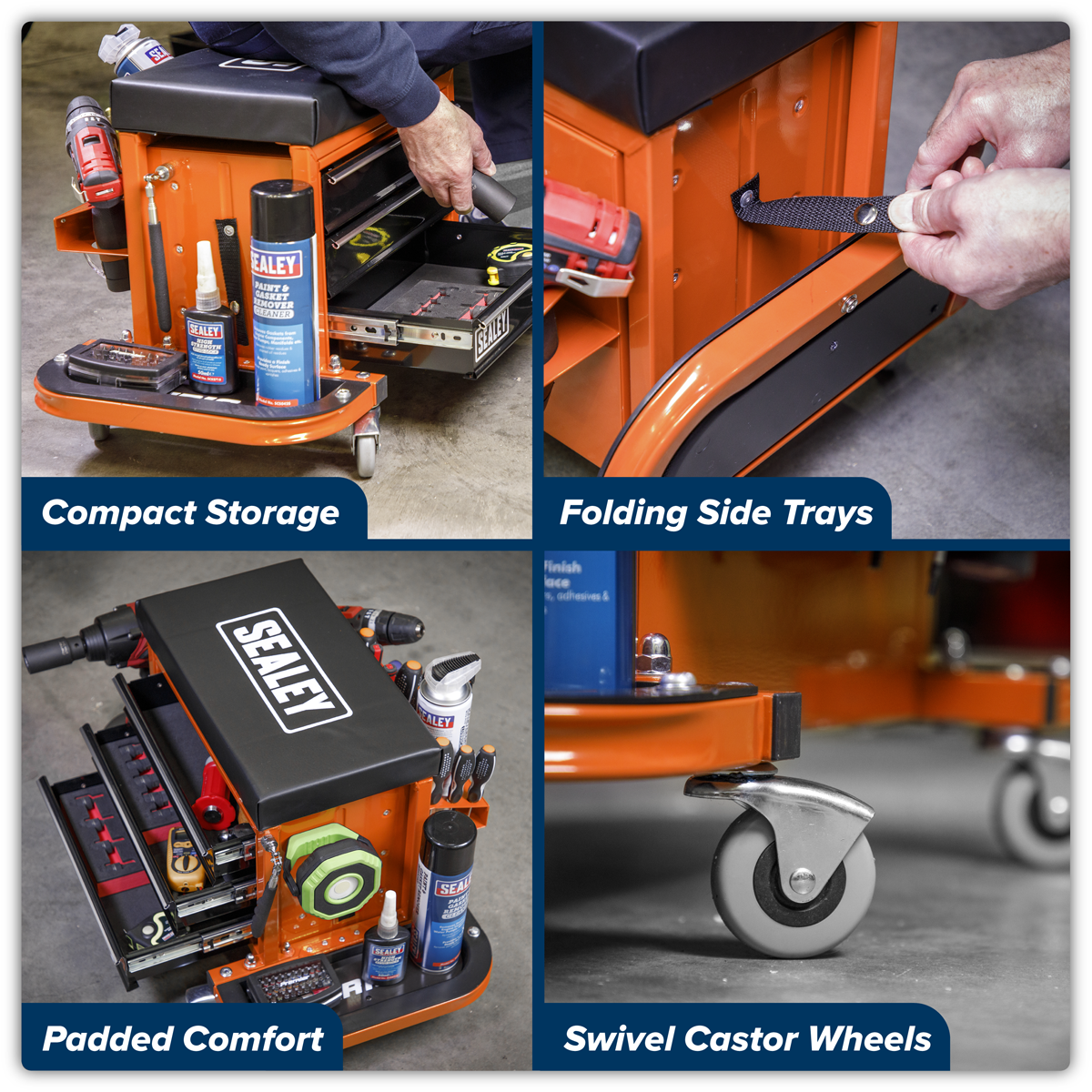Sealey SCR18O Mechanic's Utility Seat & Toolbox - Orange