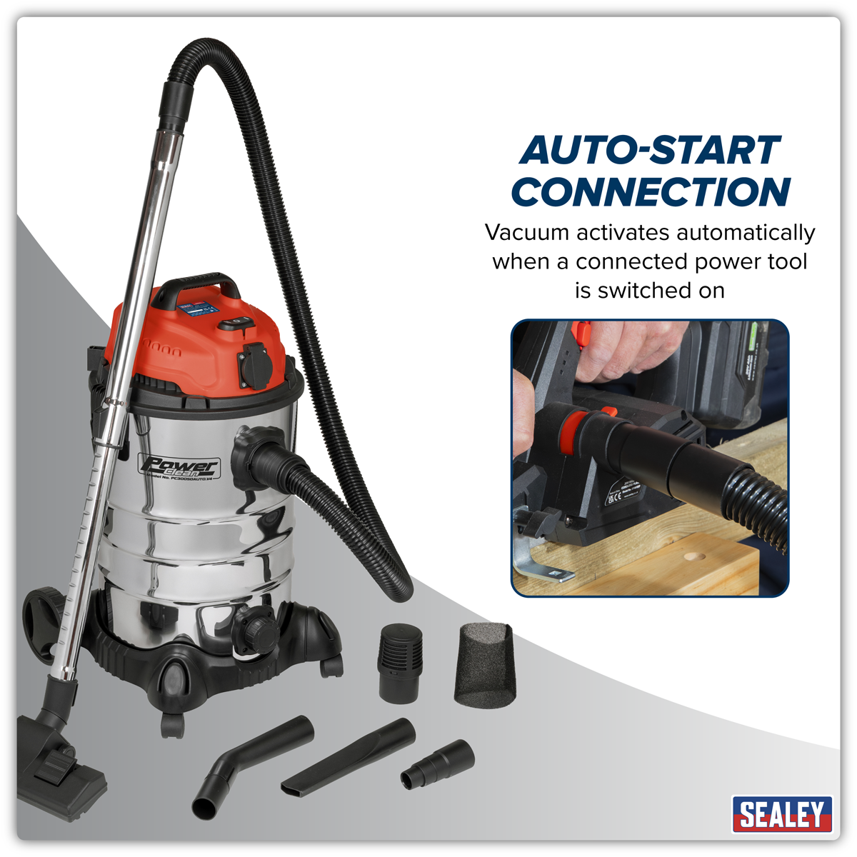 Sealey PC300SDAUTO 30L Industrial Vacuum Cleaner Wet & Dry with Stainless Steel Drum & Auto-Start 1400W/230V