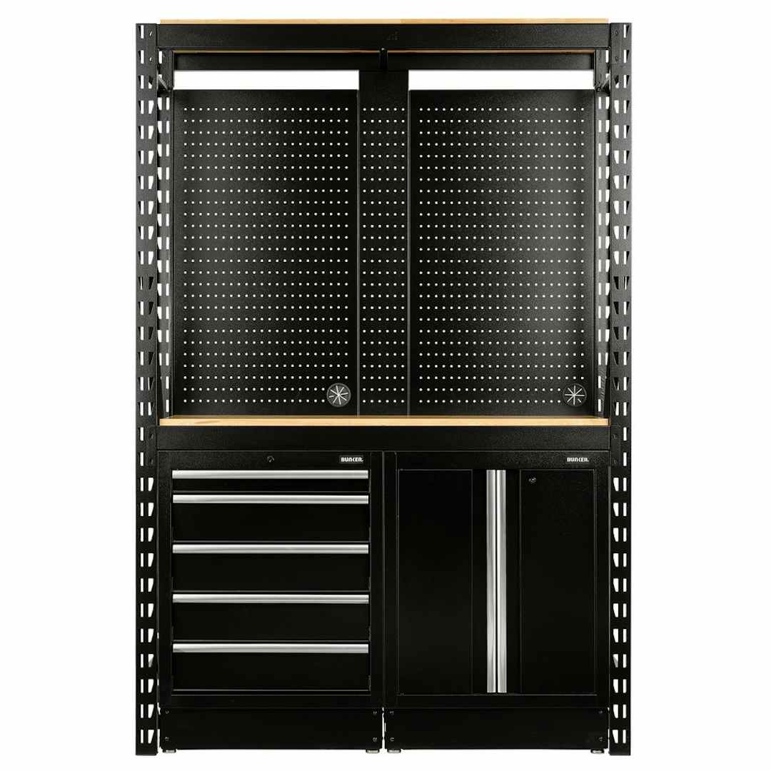 BUNKER 27972 15 Piece Modular Storage Combo 2 Tier Racking with Stainless Steel Shelving, Pegboards and Floor Cabinets, 1500mm