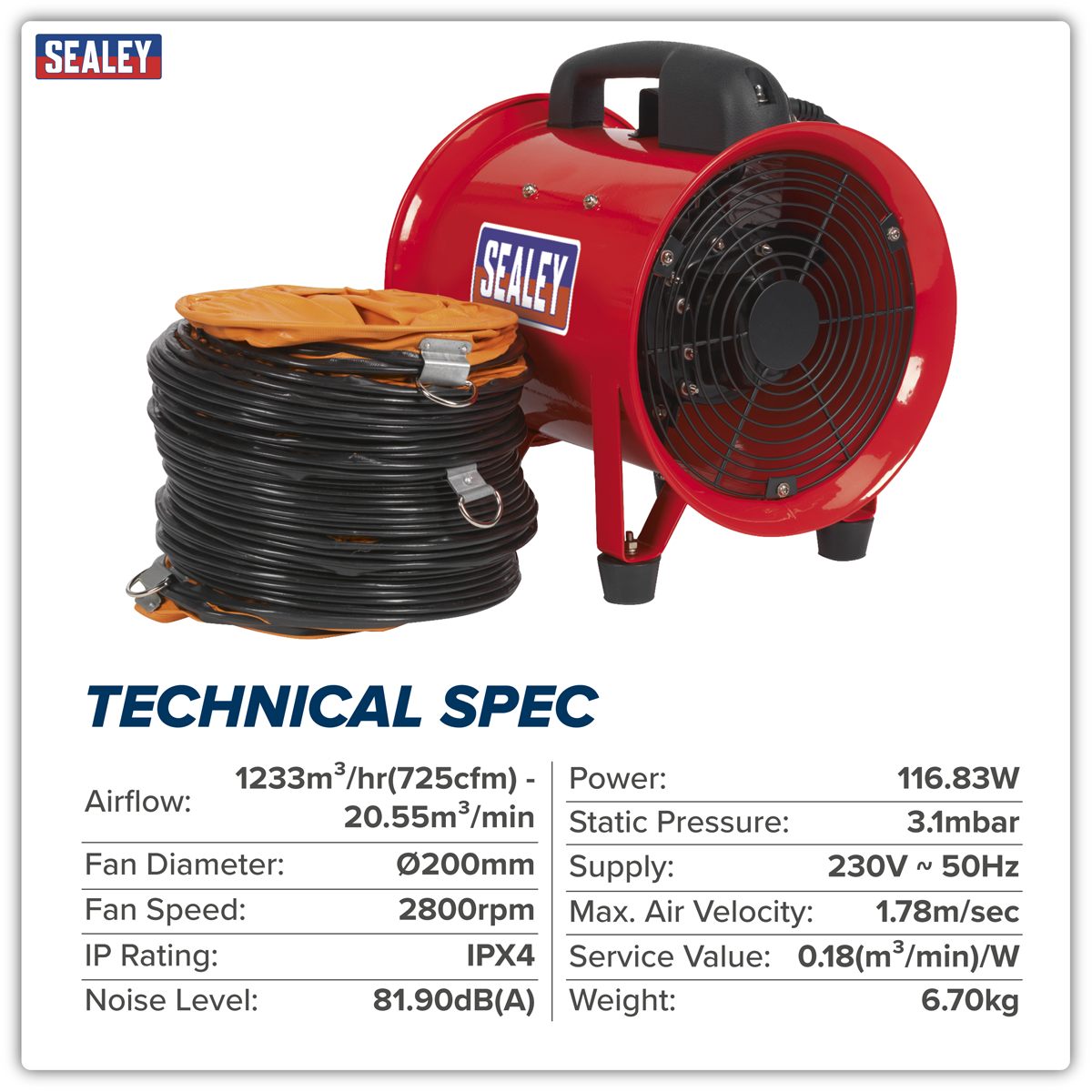 Sealey VEN200 Portable Ventilator 200mm with 5m Ducting