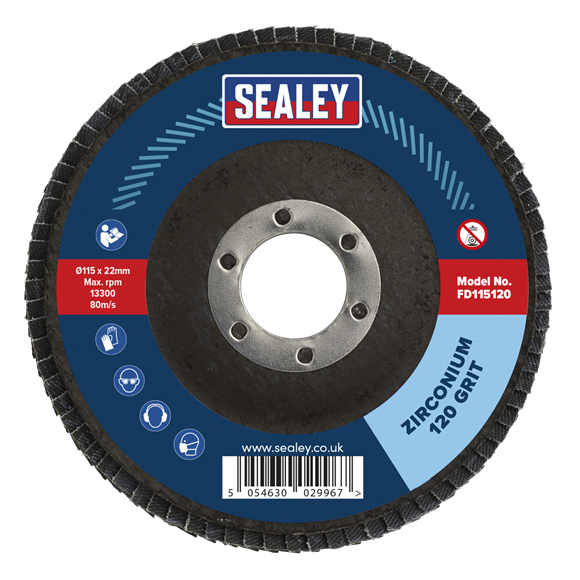 Sealey FD115120 Flap Disc Zirconium Ø115mm Ø22mm Bore 120Grit
