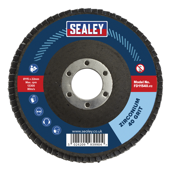 Sealey FD11540 115mm Zirconium Flap Disc 40Grit 22mm Bore