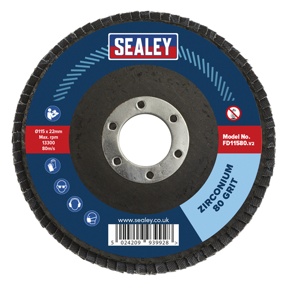 Sealey FD11580 115mm Zirconium Flap Disc 80Grit 22mm Bore