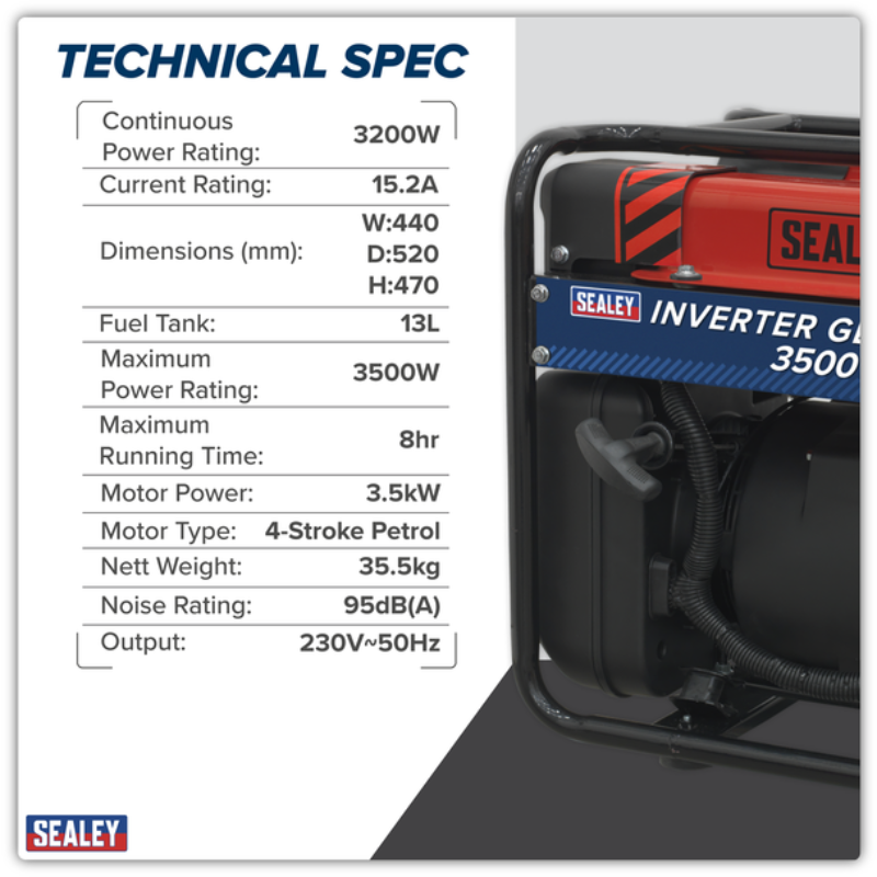 Sealey GI3500 Inverter Generator 3500W 230V 4-Stroke Engine