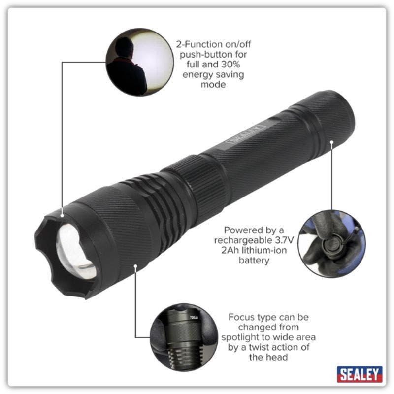 Sealey LED449 Aluminium Torch 10W CREE* XPL LED Adjustable Focus Rechargeable with USB Port