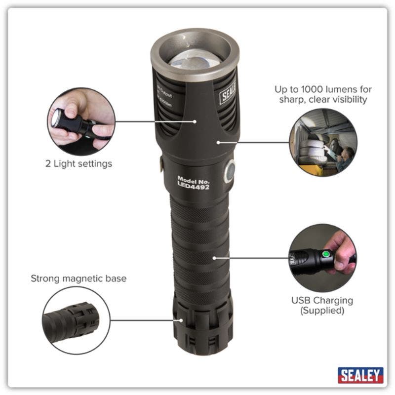 Sealey LED4492 Aluminium Torch 10W CREE* XML LED Adjustable Focus Rechargeable with USB Port