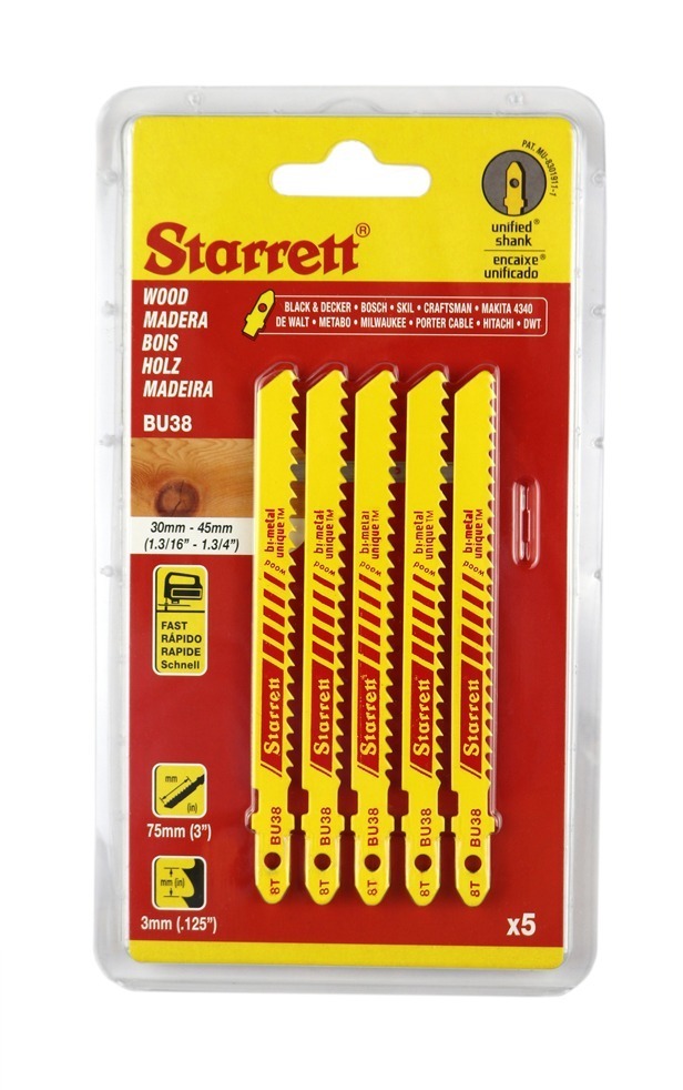 Starrett Wood Cutting Jigsaw Blades BU38-5 Unified Shank 75MM 3" 8 TPI Bi-Metal Saw Blade Set (5Pcs)