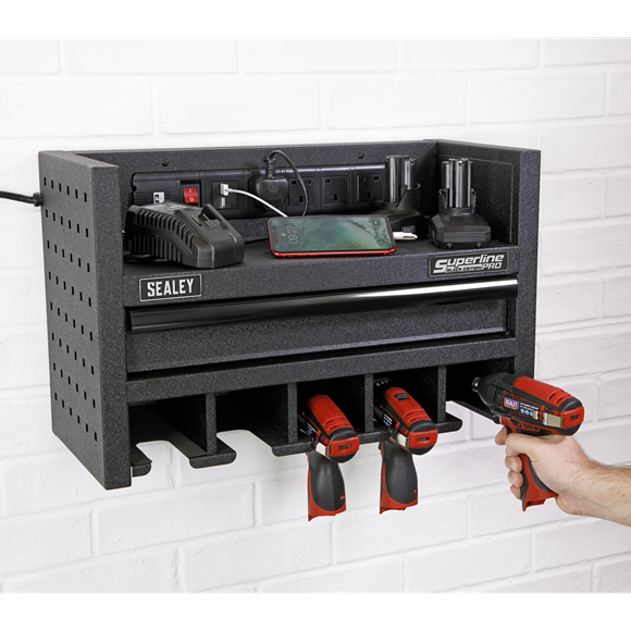 Sealey AP22SRBE Power Tool Storage Rack 560mm with Drawer & Power Strip