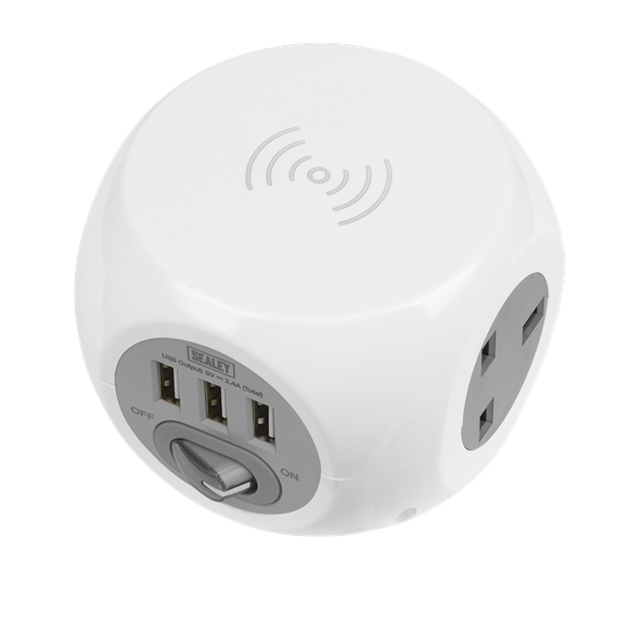 Sealey EL144WC Extension Cable Cube 1.4m 3 x 230V & 3 x USB Sockets & Wireless Charging Pad