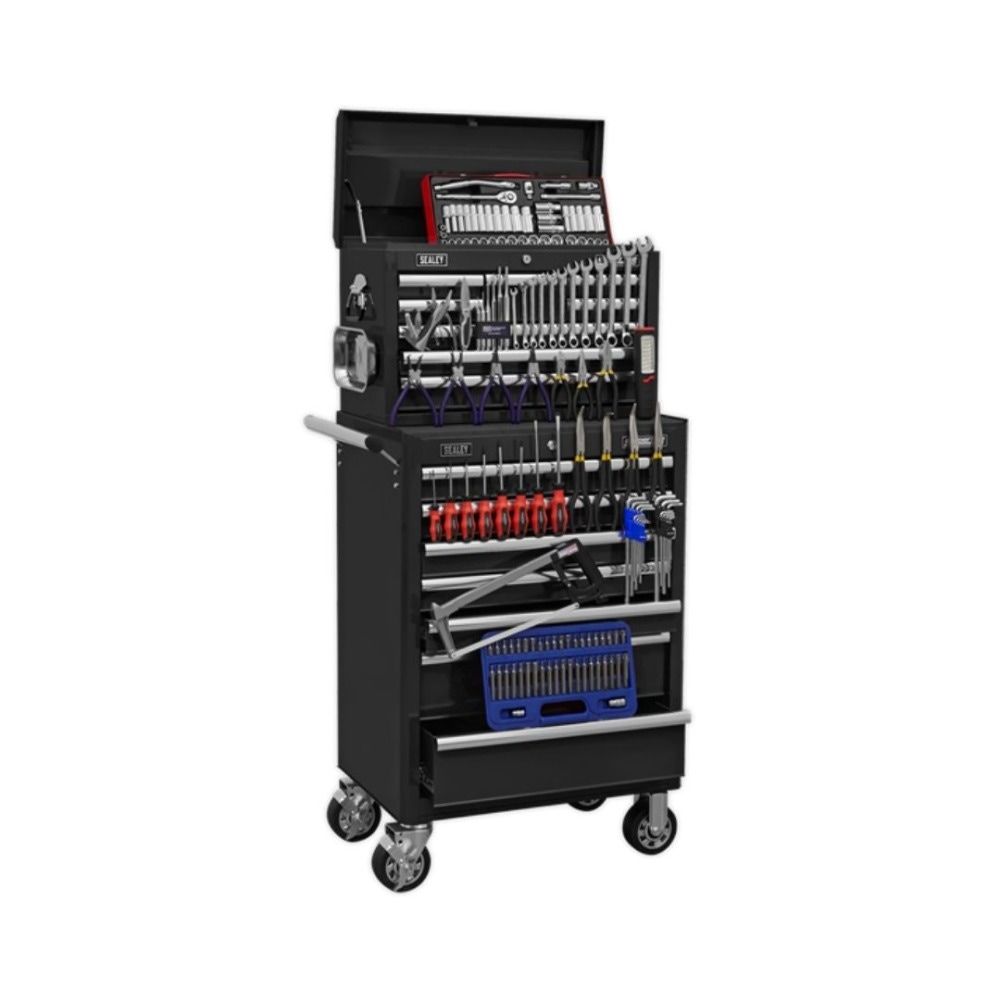 Sealey APCOMBOBBTK58 Topchest & Rollcab Combination 15 Drawer with Ball Bearing Slides - Black & 147pc Tool Kit