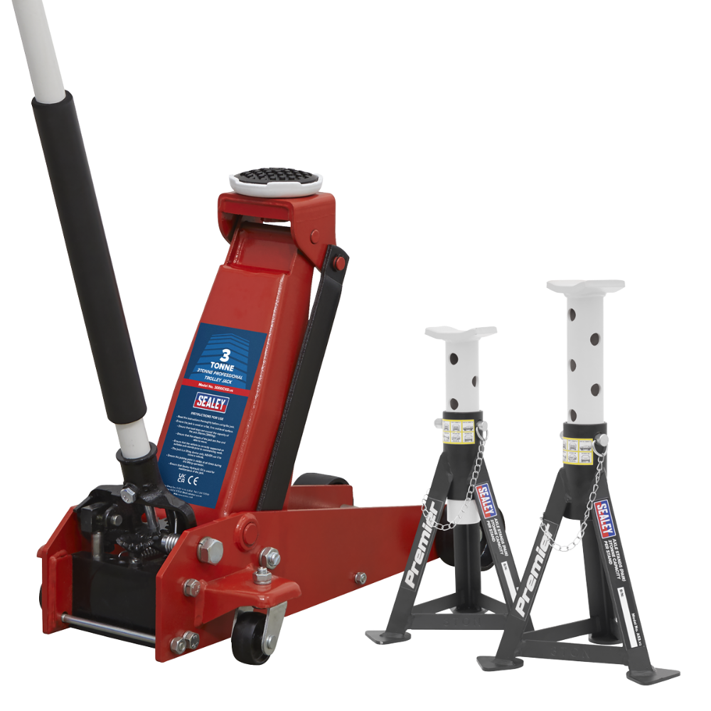 Sealey 3000CXDCOMBO1 Trolley Jack 3t & Axle Stands (Pair) 3t per Stand Combo