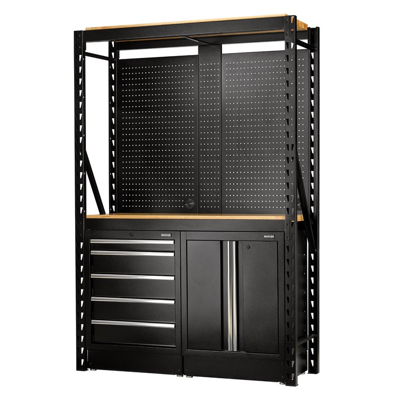 Draper 27912 BUNKER 15 Piece Modular Storage Combo 2 Tier Racking with Hardwood Shelving, Pegboards and Floor Cabinets, 1500mm