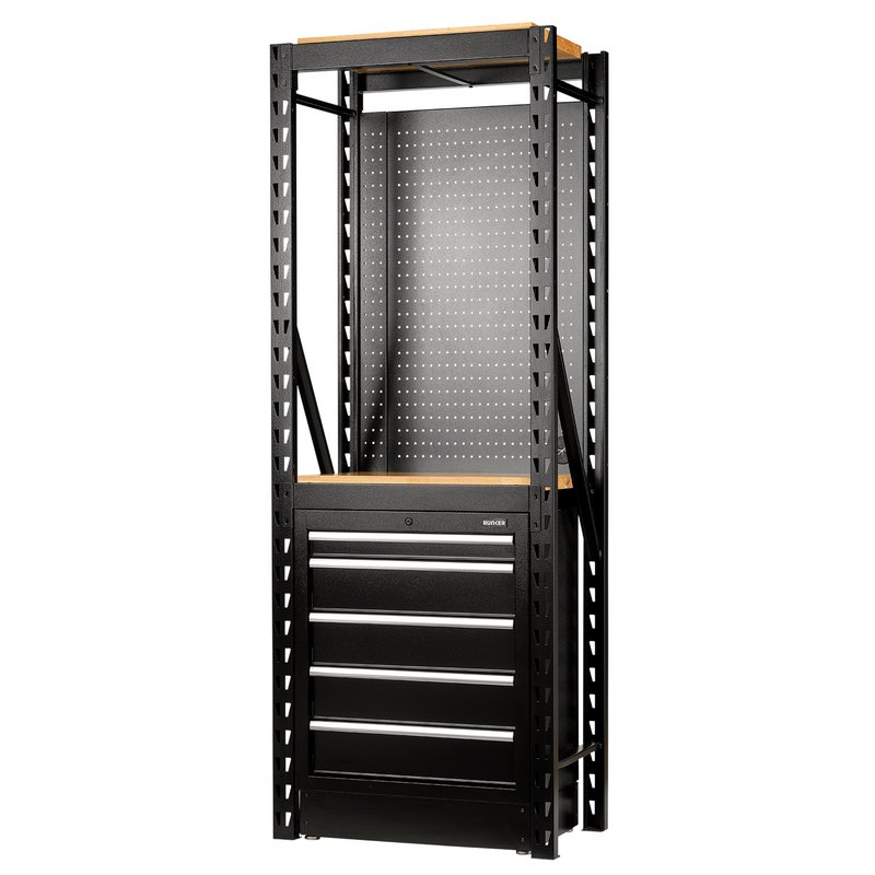 Draper 27919 BUNKER 13 Piece Modular Storage Combo 2 Tier Racking with Hardwood Shelving, Pegboard and Floor Cabinet, 750mm