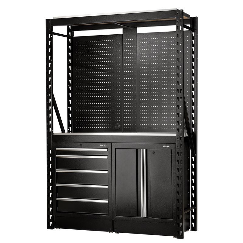 Draper 27972 BUNKER 15 Piece Modular Storage Combo 2 Tier Racking with Stainless Steel Shelving, Pegboards and Floor Cabinets, 1500mm