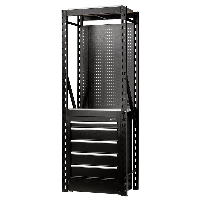 Draper 27975 BUNKER 13 Piece Modular Storage Combo 2 Tier Racking with Stainless Steel Shelving, Pegboard and Floor Cabinet, 750mm