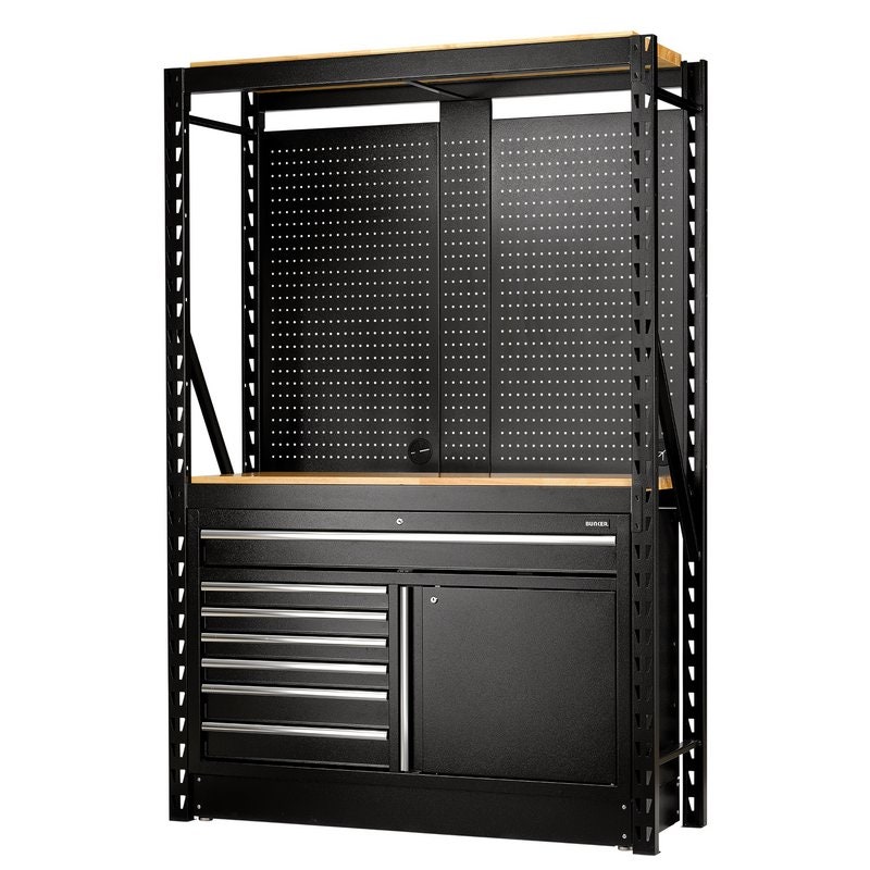 Draper 28005 BUNKER 14 Piece Modular Storage Combo 2 Tier Racking with Hardwood Shelving, Pegboards and Floor Cabinet, 1500mm