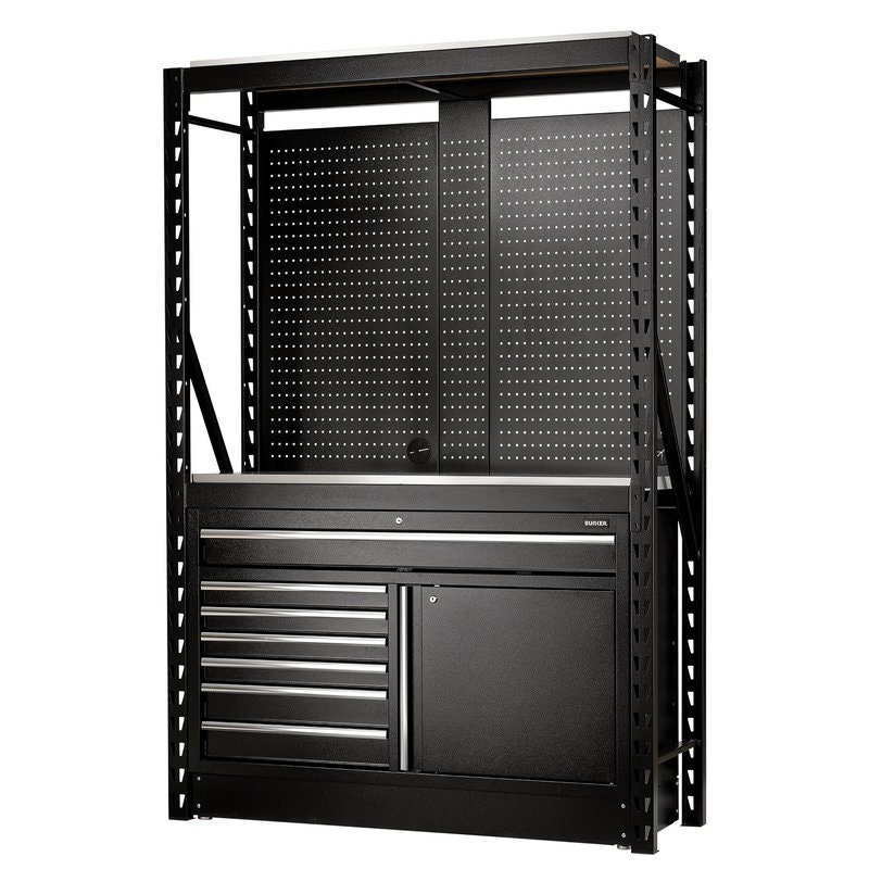 Draper 28075 BUNKER 14 Piece Modular Storage Combo 2 Tier Racking with Stainless Steel Shelving, Pegboards and Floor Cabinet, 1500mm