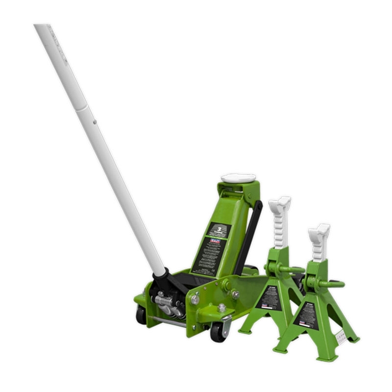 Sealey 3015CXHV Trolley Jack 3tonne Super Rocket Lift & Axle Stands (Pair) 3tonne Capacity per Stand-Hi-Vis