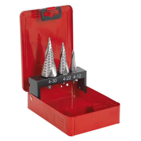 Sealey AK4743 HSS M2 Step Drill Bit Set 3pc Spiral Flute