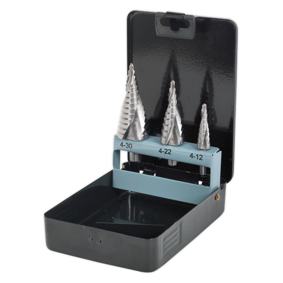 Sealey AK4749 HSS 4341 Step Drill Bit Set 3pc Spiral Flute