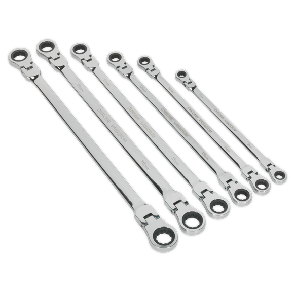 Sealey AK63832 Flexi-Head Double End Ratchet Ring Spanner Set 6pc Extra-Long Metric