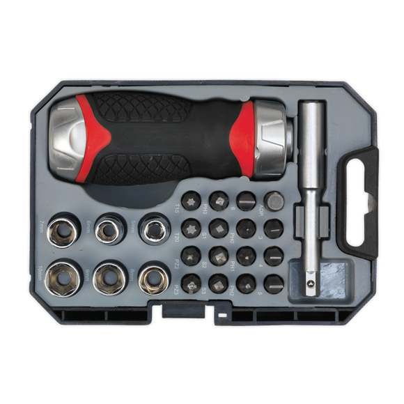 Sealey AK64906 Fine Tooth Ratchet Screwdriver Socket & Bit Set 24pc Stubby