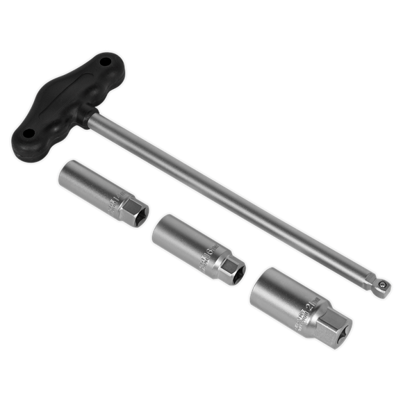 Sealey AK6550 T-Bar & Rubber Insert Spark Plug Socket Set 4pc 3/8