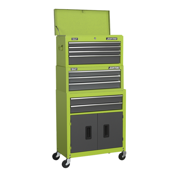 Sealey AP2200BBHVSTACK Topchest, Mid-Box & Rollcab 9 Drawer Stack - Hi-Vis Green
