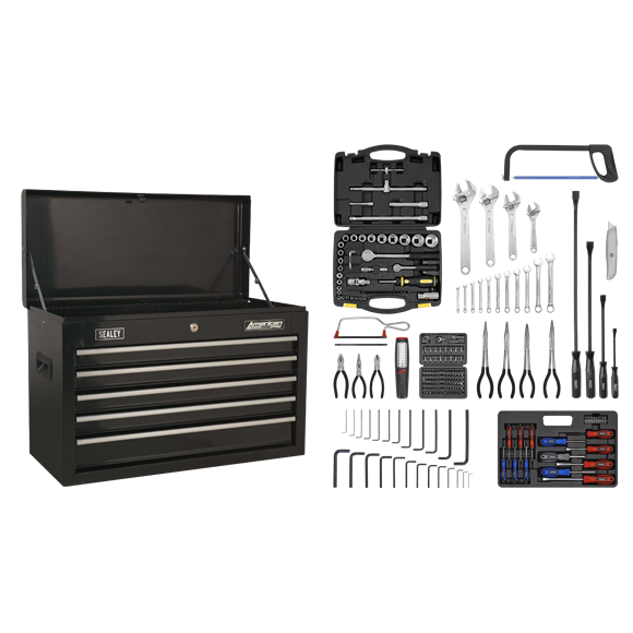 Sealey AP225BCOMBO Topchest 5 Drawer with Ball-Bearing Slides - Black & 230pc Tool Kit