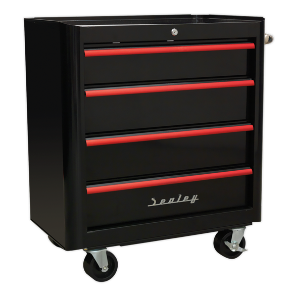 Sealey AP28204BR Rollcab 4 Drawer Retro Style- Black with Red Anodised Drawer Pulls