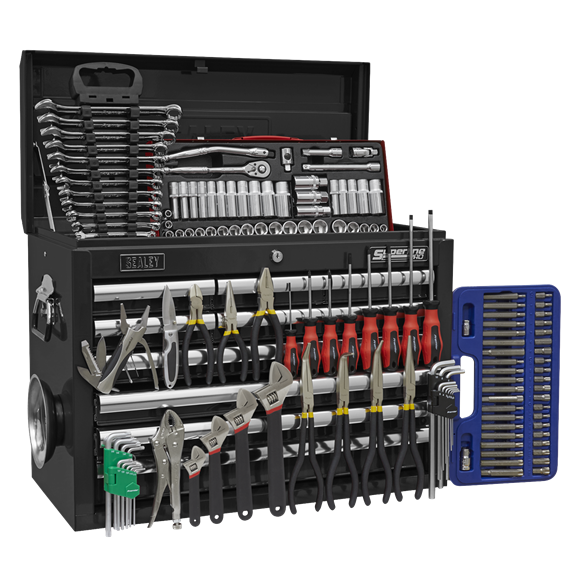 Sealey AP33109BCOMBO Topchest 10 Drawer with Ball Bearing Slides - Black & 140pc Tool Kit