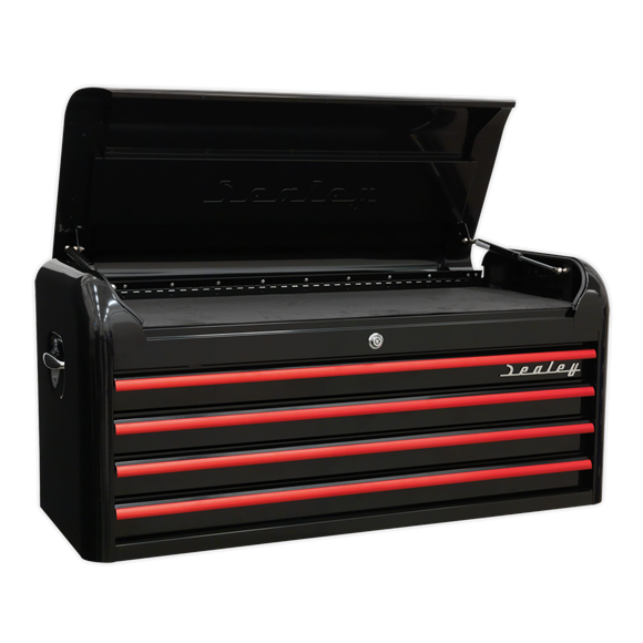 Sealey AP41104BR Topchest 4 Drawer Wide Retro Style - Black with Red Anodised Drawer Pulls